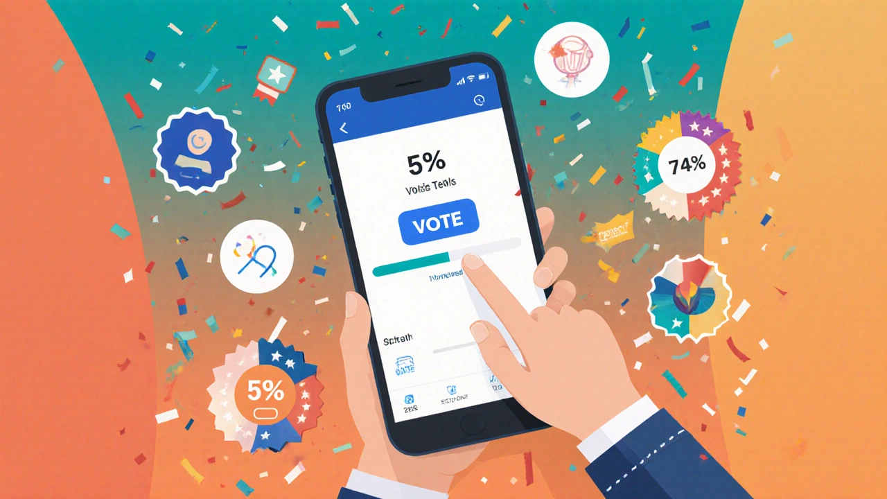 A young person voting easily on a mobile app with progress bar and badges, showing high participation.
