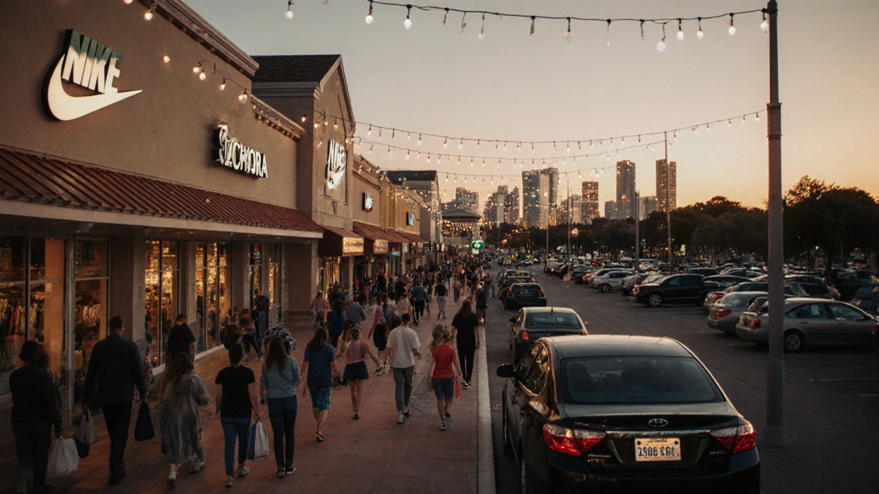 Aerial view of Kissimmee Premium Outlets with families shopping at dusk, Orlando skyline in distance.