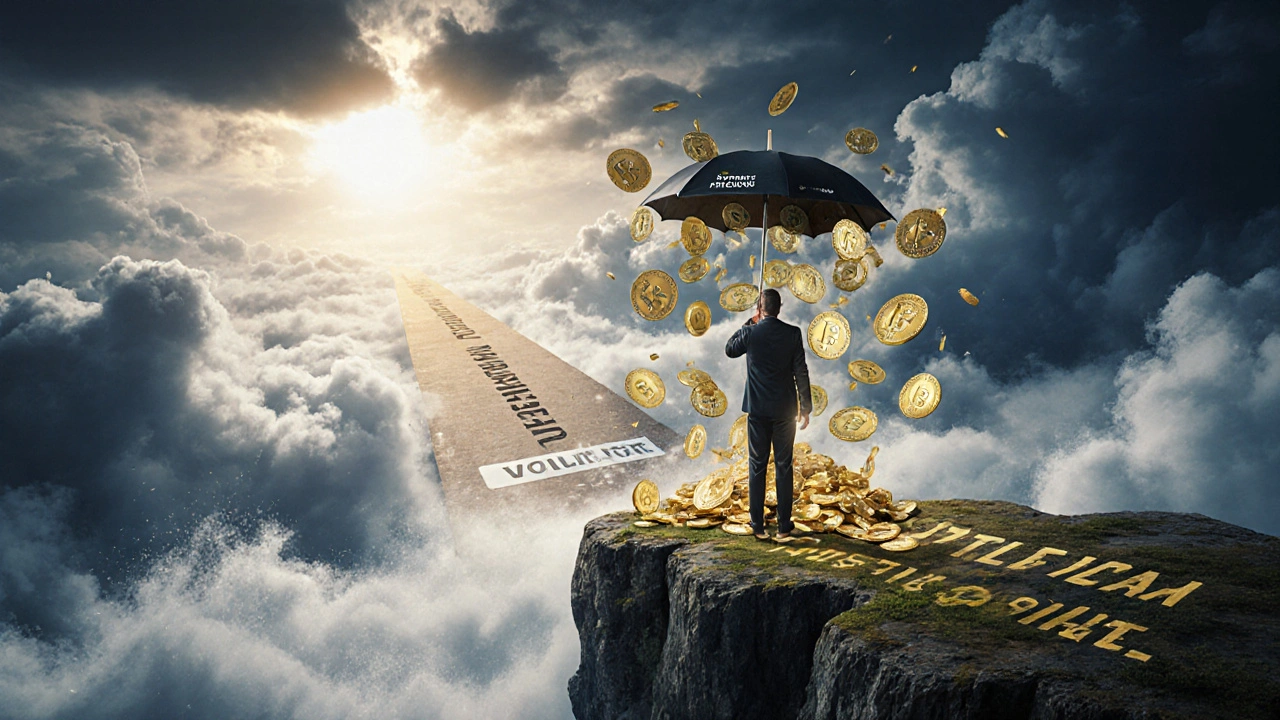 An investor protected by a premium umbrella as crypto market storms crash around them, with a path to income visible in the distance.