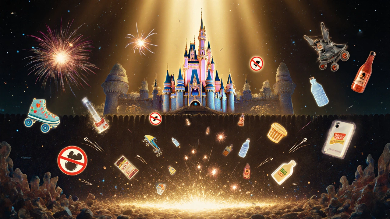 Banned items falling away from Disney Castle as approved items glow and enter safely.
