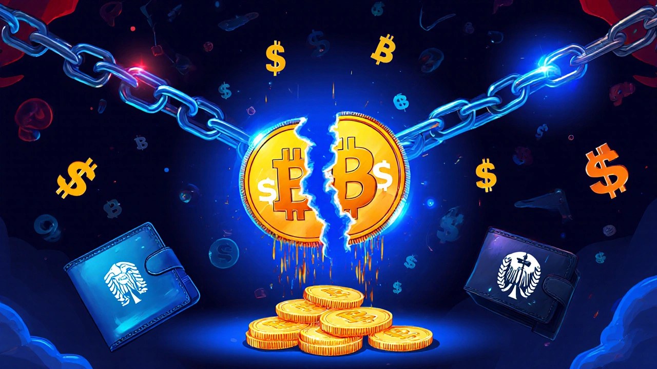 Blockchain fork splitting into two chains with coins falling into a wallet, surrounded by IRS symbols.