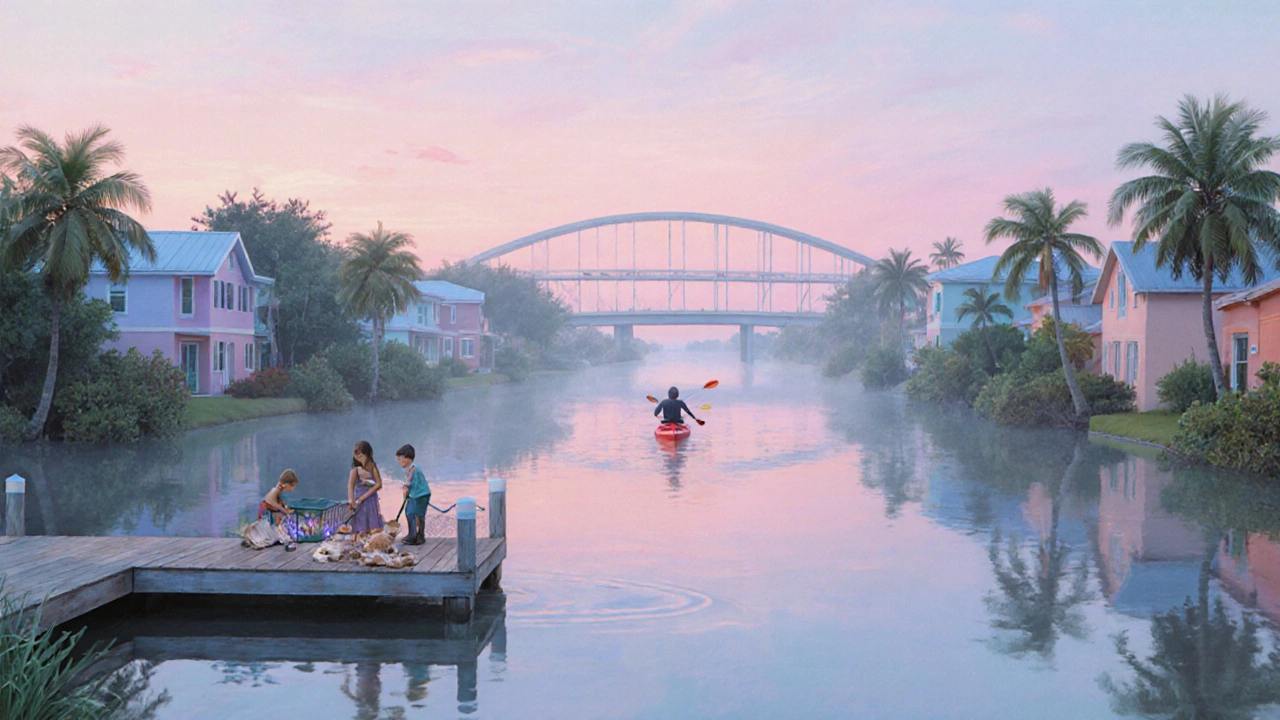 Canal-lined homes in Fort Myers at sunrise, kayaker and shell-hunters in peaceful morning light.