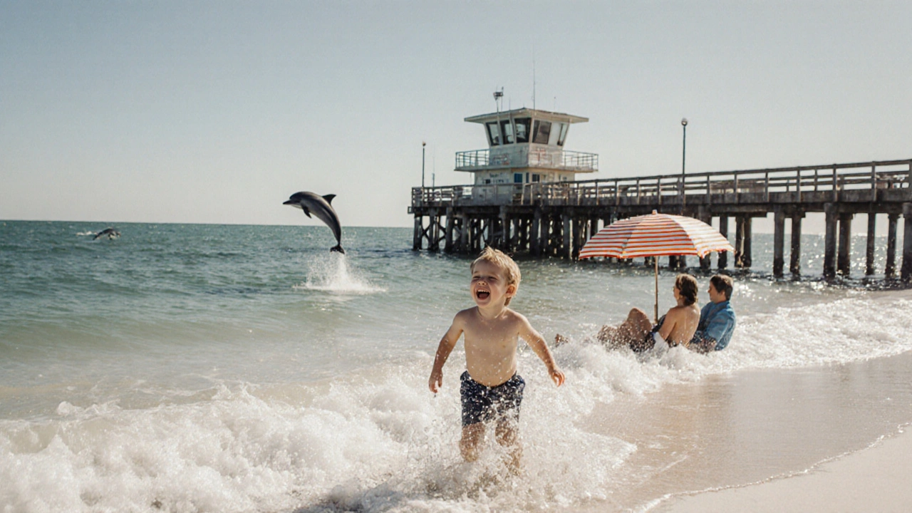 Child playing in calm waves at Clearwater Beach with a dolphin in the distance.