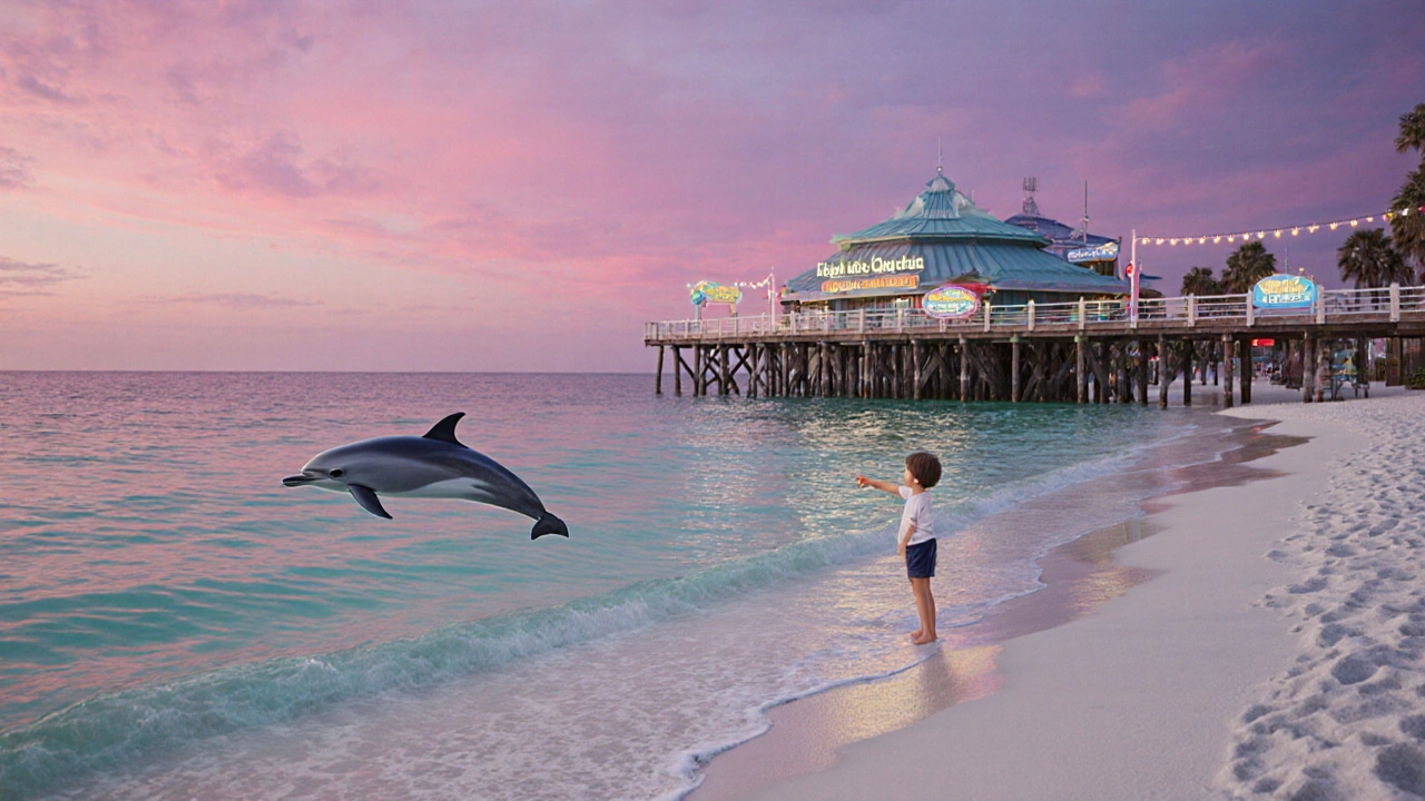Child pointing at a dolphin in shallow Gulf waters at Clearwater Beach at dusk.