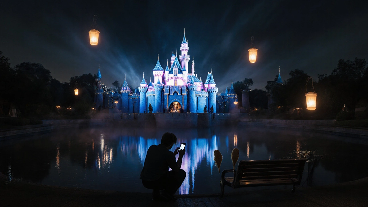 Cinderella Castle at midnight with no crowds, photographer capturing reflection in the moat.