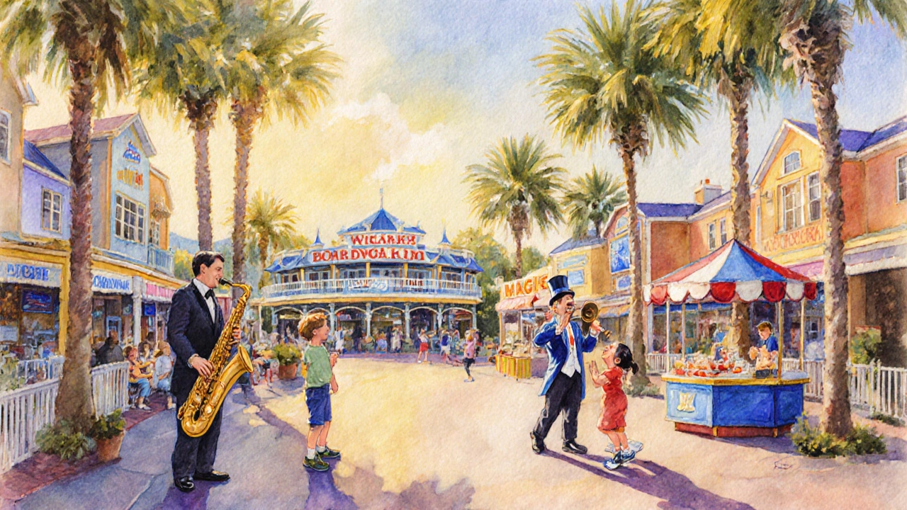 Colorful street performers and visitors enjoying the lively afternoon atmosphere on the Disney Boardwalk.