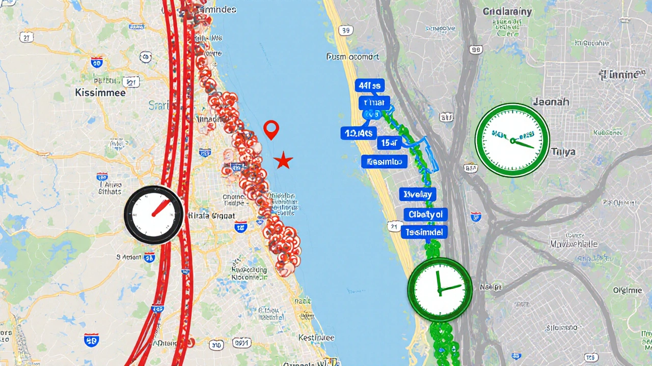 Conceptual map comparing travel times from Orlando and Kissimmee to Disney World, with traffic and clock visuals.