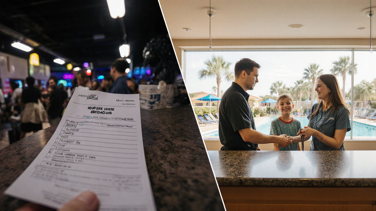 Contrast between crowded Orlando hotel lobby and calm Kissimmee check-in with no hidden fees.
