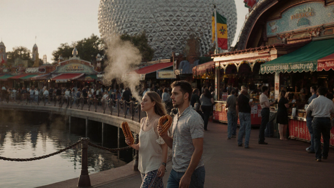 Couple enjoying churros near the Mexico pavilion at Epcot, peaceful morning atmosphere.