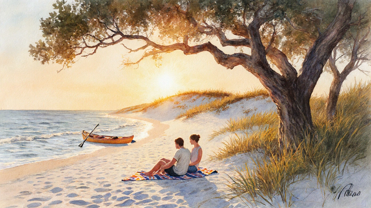 Couple relaxing at sunset on New Smyrna Beach under a live oak tree with dunes behind.