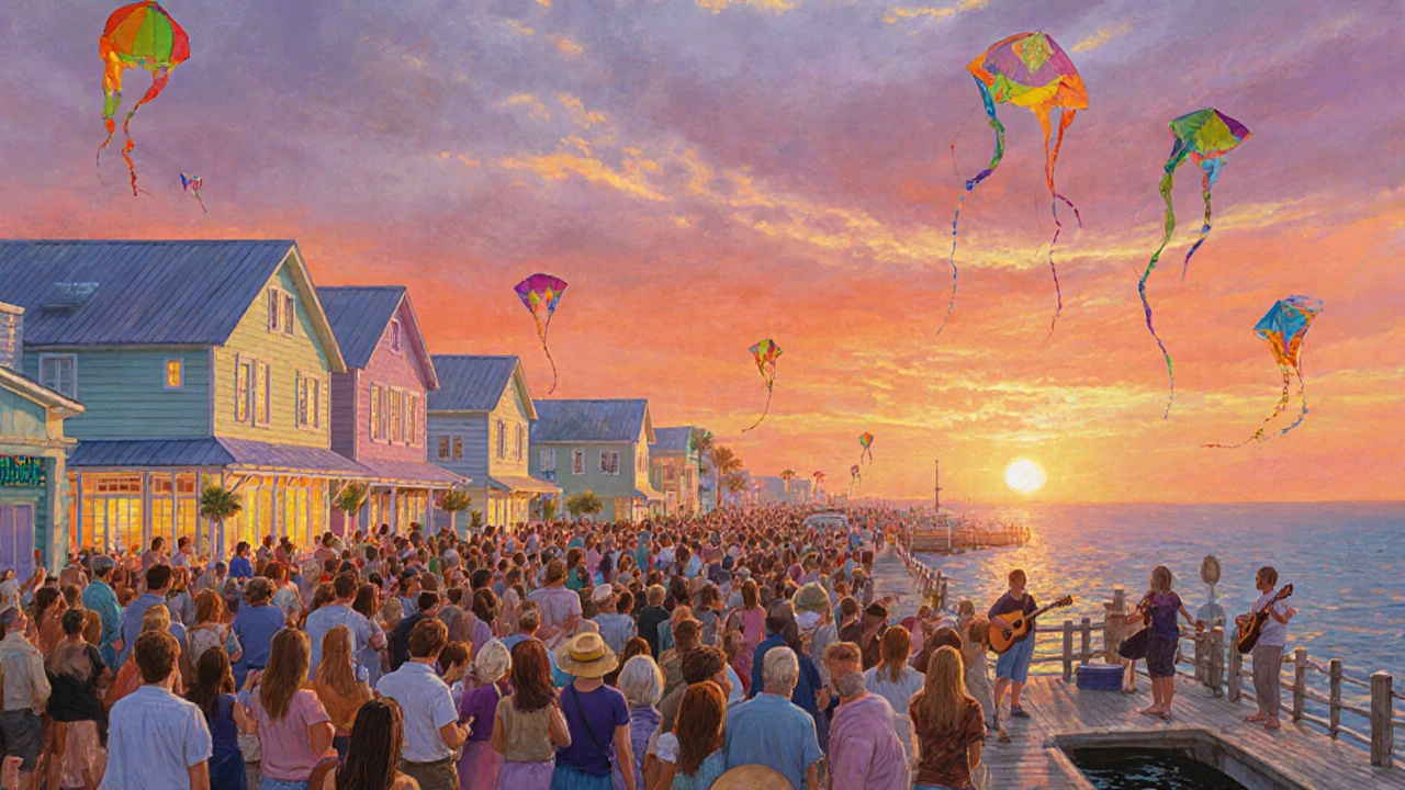 Crowd watching a vibrant sunset over the ocean at Key West&#039;s Mallory Square.