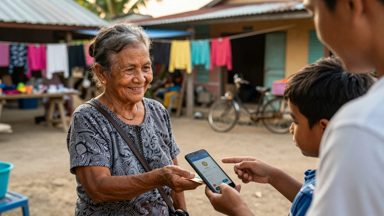 Elderly woman in Philippines receiving cash from mobile agent while grandson shows her a stablecoin transaction receipt.