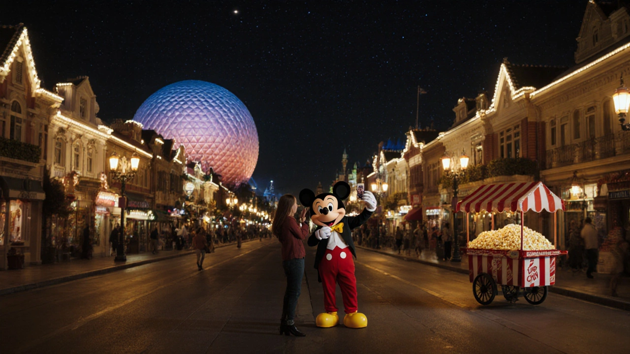 Empty Main Street U.S.A. at night with Cinderella Castle lit up, couple taking photos with Mickey.