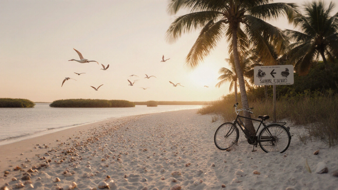 Empty Sanibel Island beach at sunrise with seashells and a bicycle near palm trees.