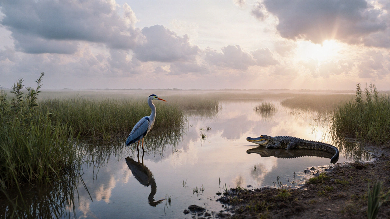 Everglades at dawn with mist, alligator, and heron in sawgrass marsh under soft light.