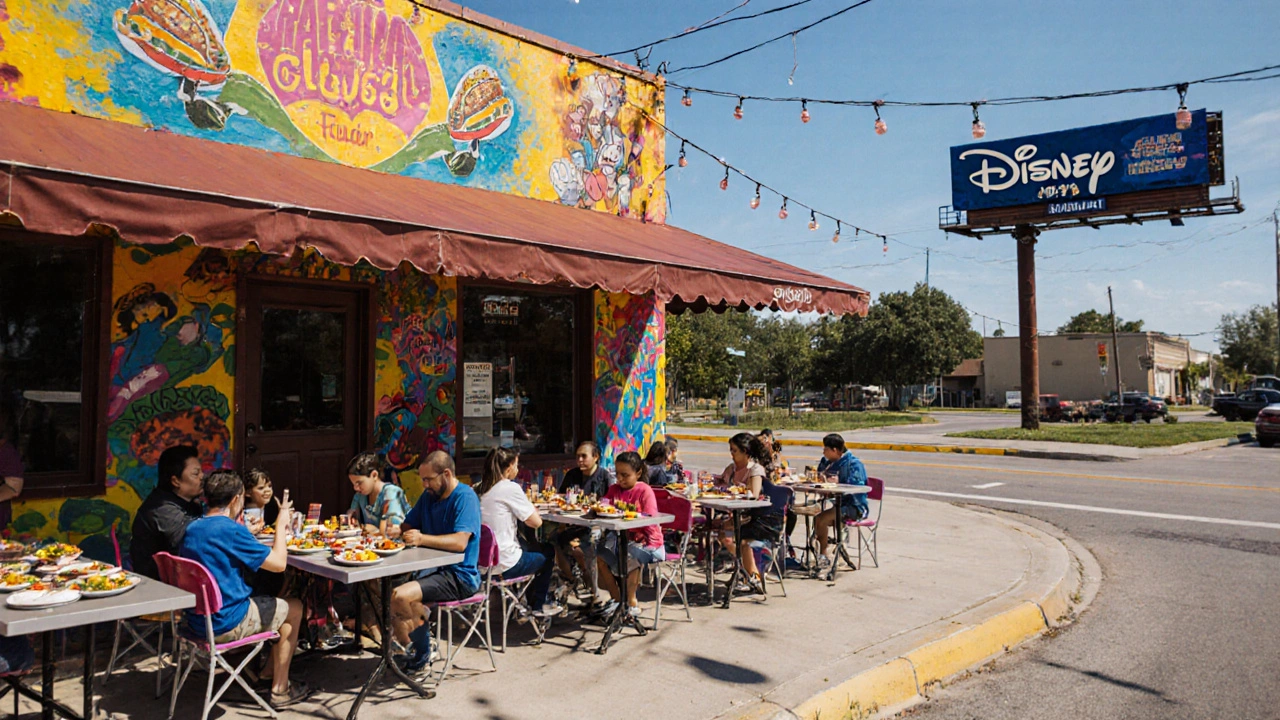 Family eating tacos at a local restaurant with Disney billboard visible in the distance.