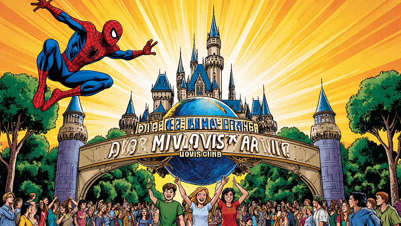 Family entering Universal Orlando Resort with superheroes and Hogwarts castle in the background.