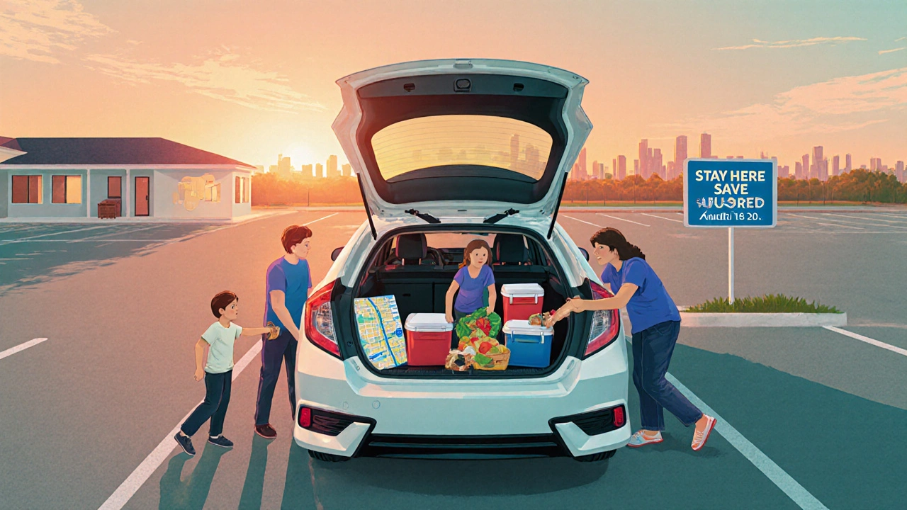 Family loading groceries into a used car at Walmart, with Disney in the background.