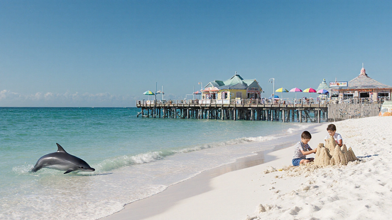 Family on Clearwater Beach with a dolphin swimming near the shore in clear turquoise water.
