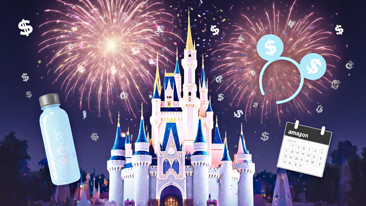 Fireworks over castle with savings icons fading into the sky, symbolizing budget-friendly magic.