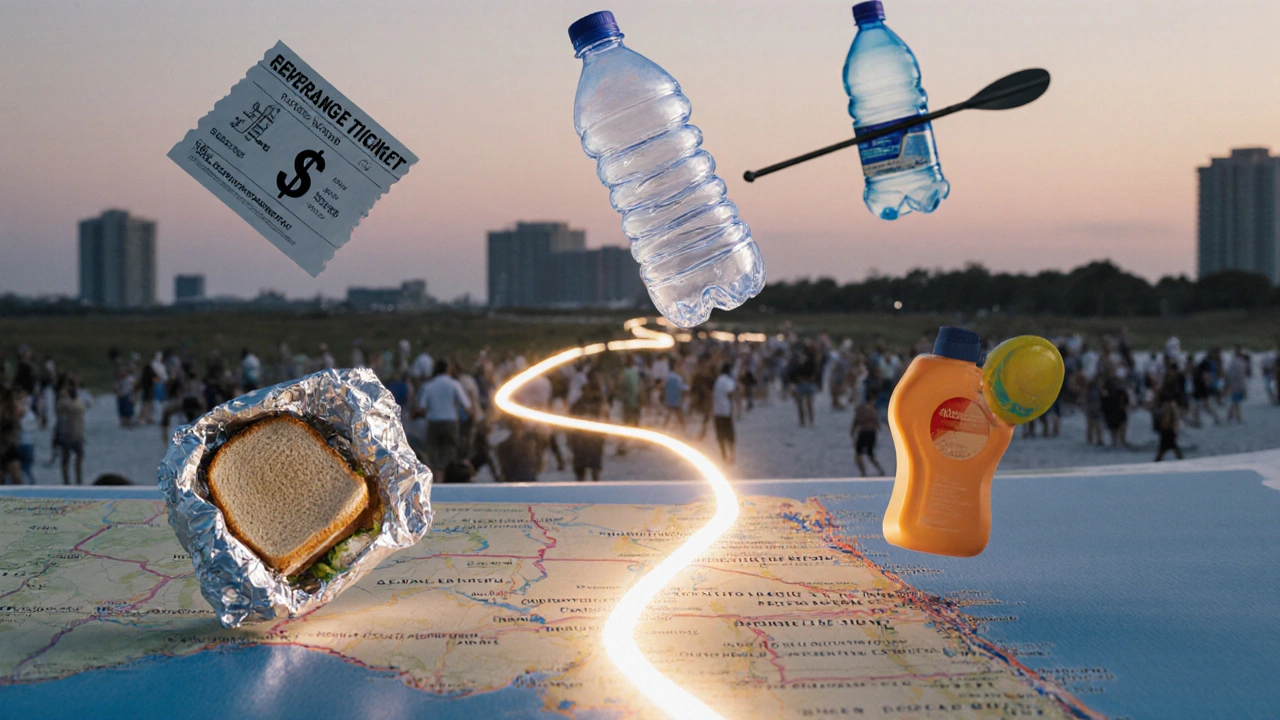 Floating items representing a  beach day at Fort De Soto, with faded images of expensive beaches in the background.