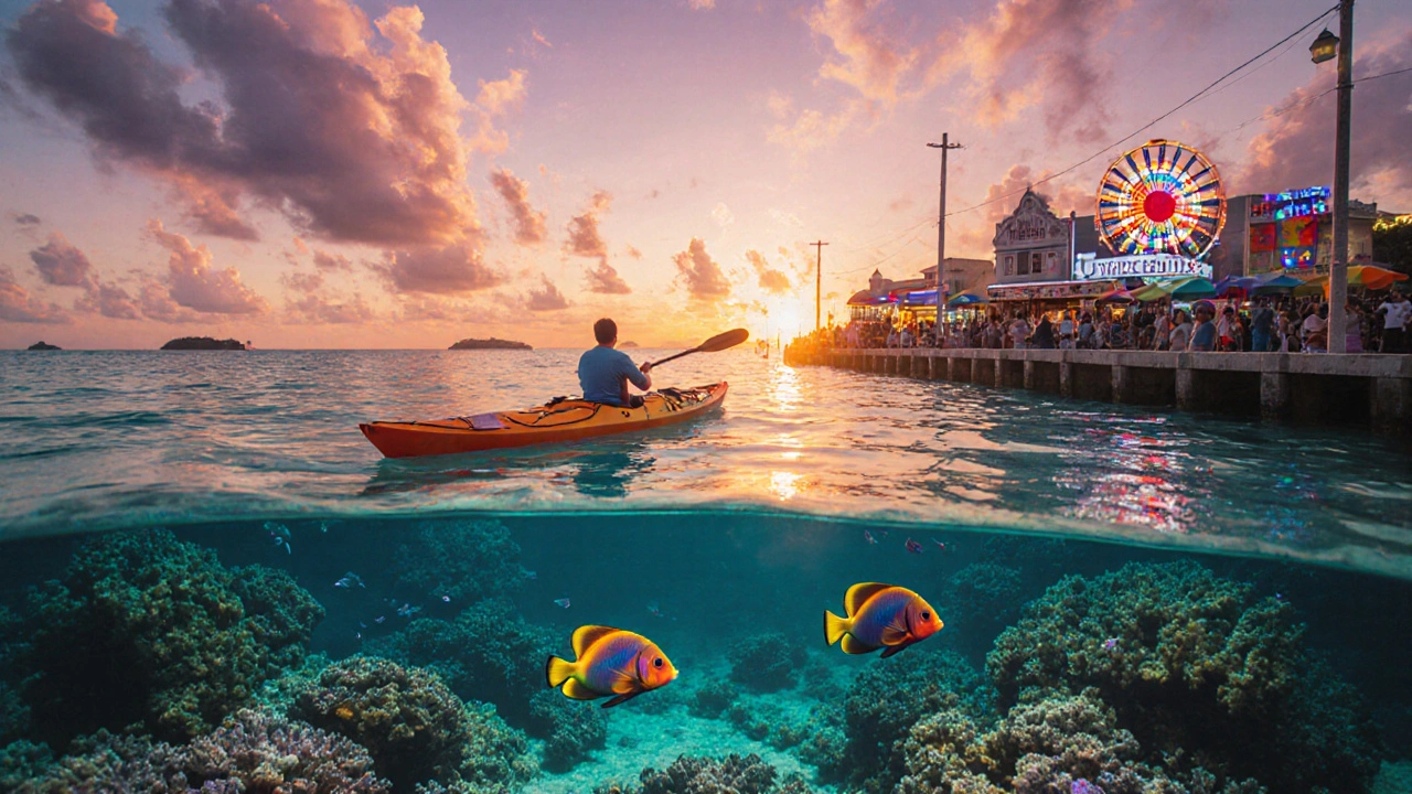 Florida Keys at sunset with highway crossing turquoise water and kayaks near coral reefs.