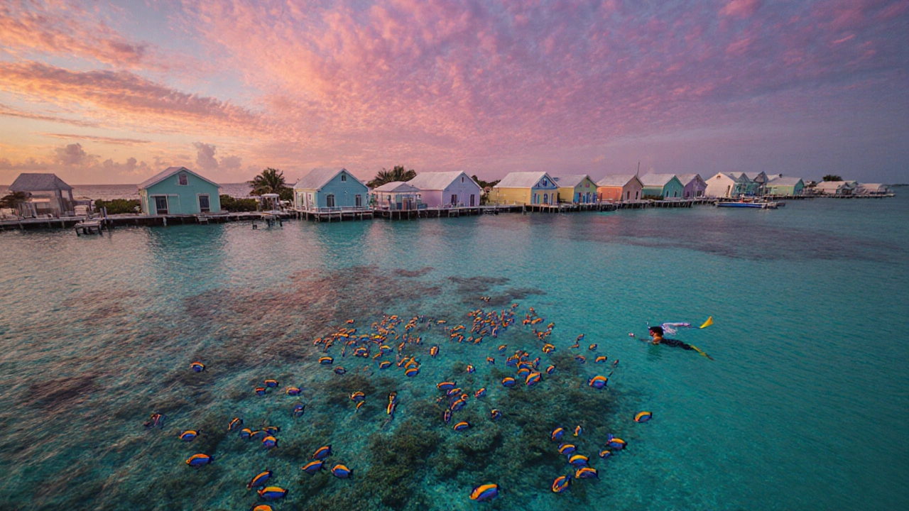 Florida Keys islands with clear turquoise water and coral reefs under a vibrant sunset.