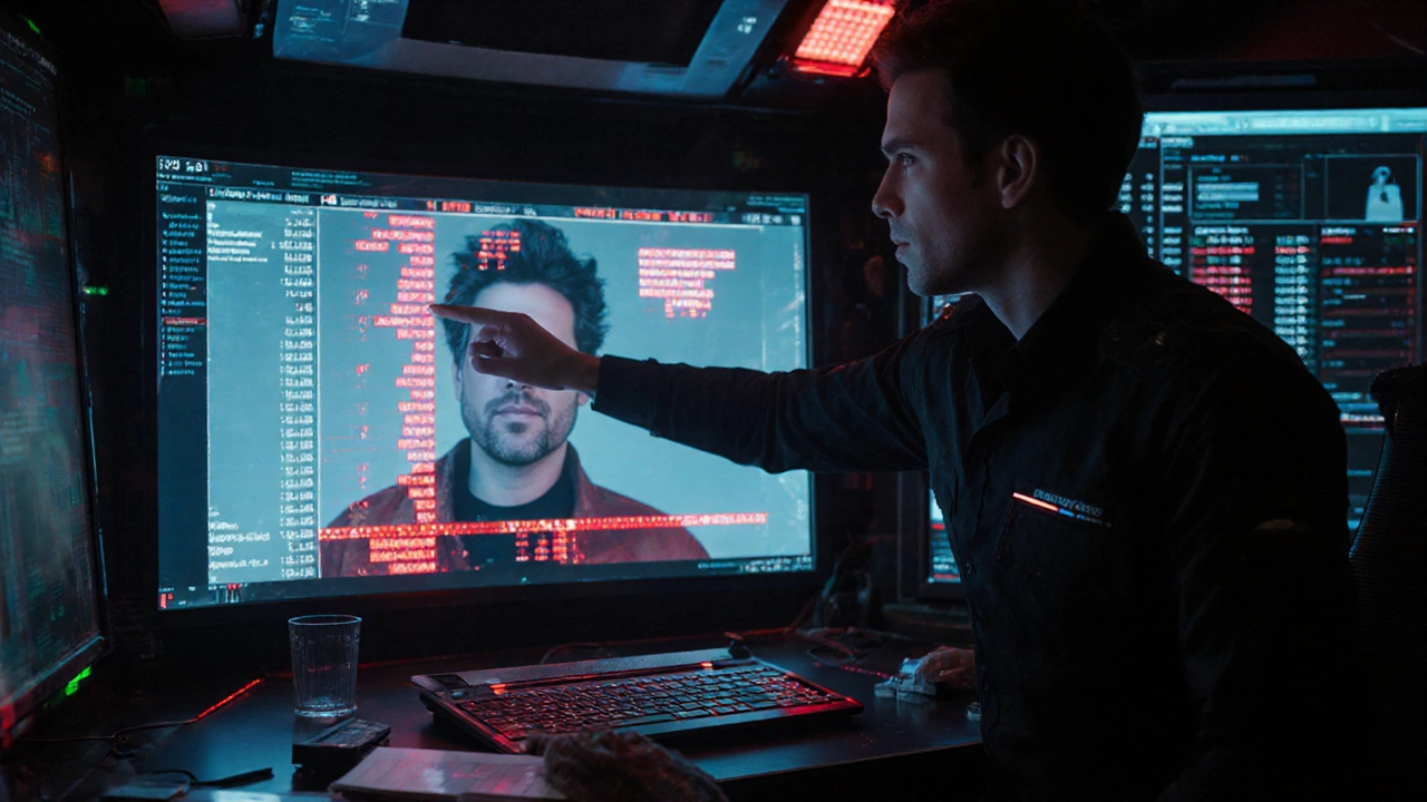 Forensic analyst examining a deepfake video with holographic detection markers in a control room.