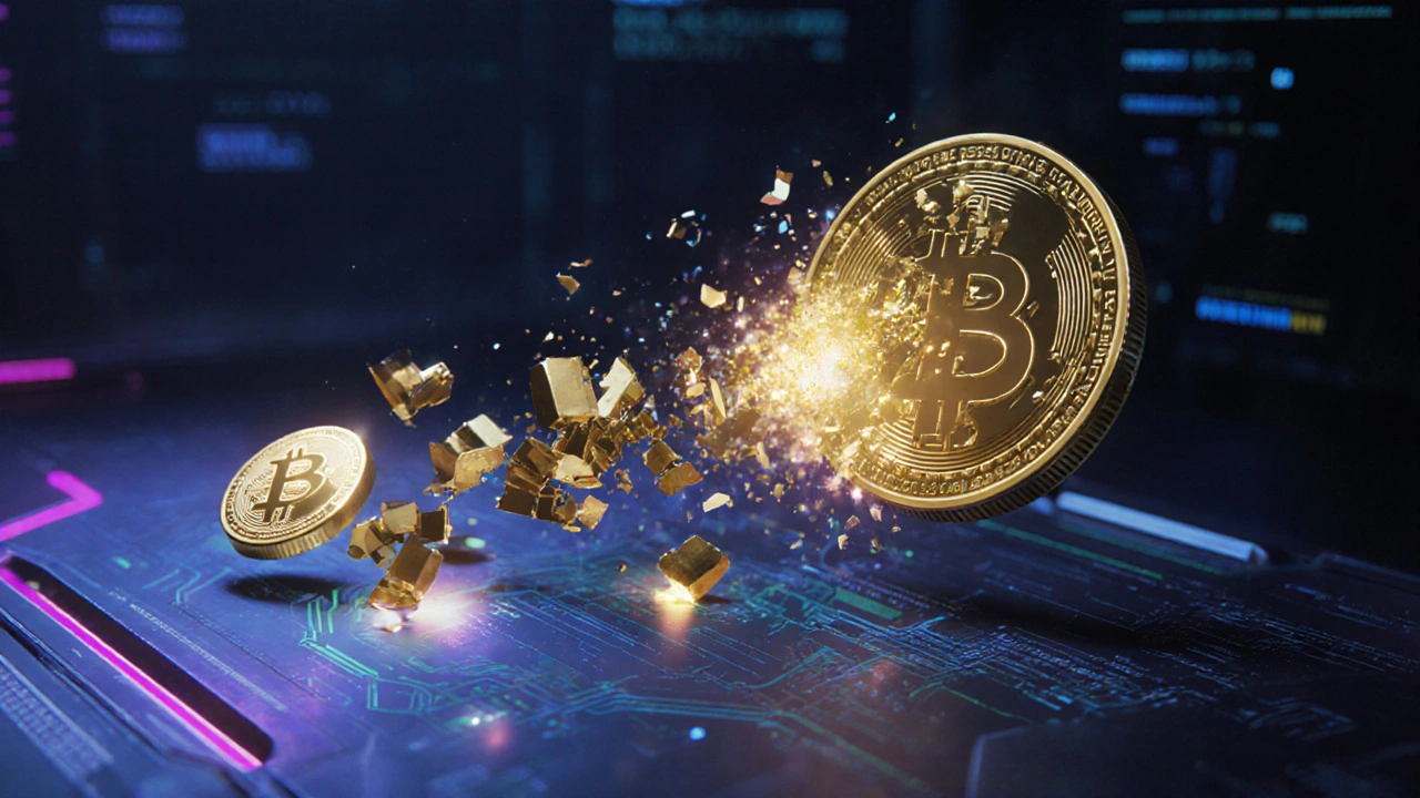 Gas tokens transforming from low-price minting to high-value redemption in a digital interface.