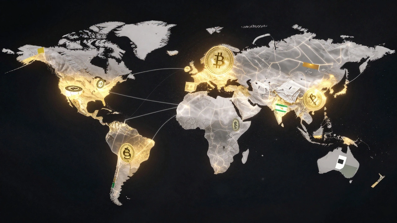Global network of fast-moving stablecoin transfers replacing slow traditional bank systems with crumbling paper documents.