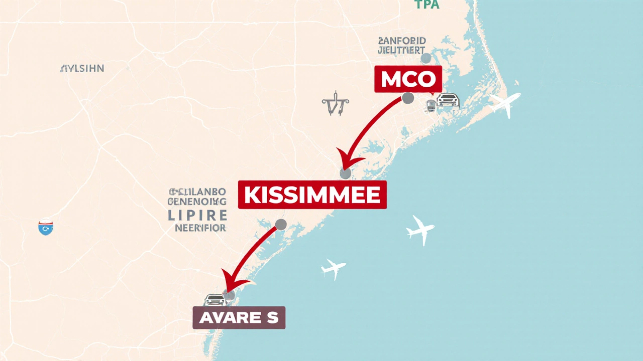 Map showing distances from Kissimmee to nearby airports with MCO highlighted