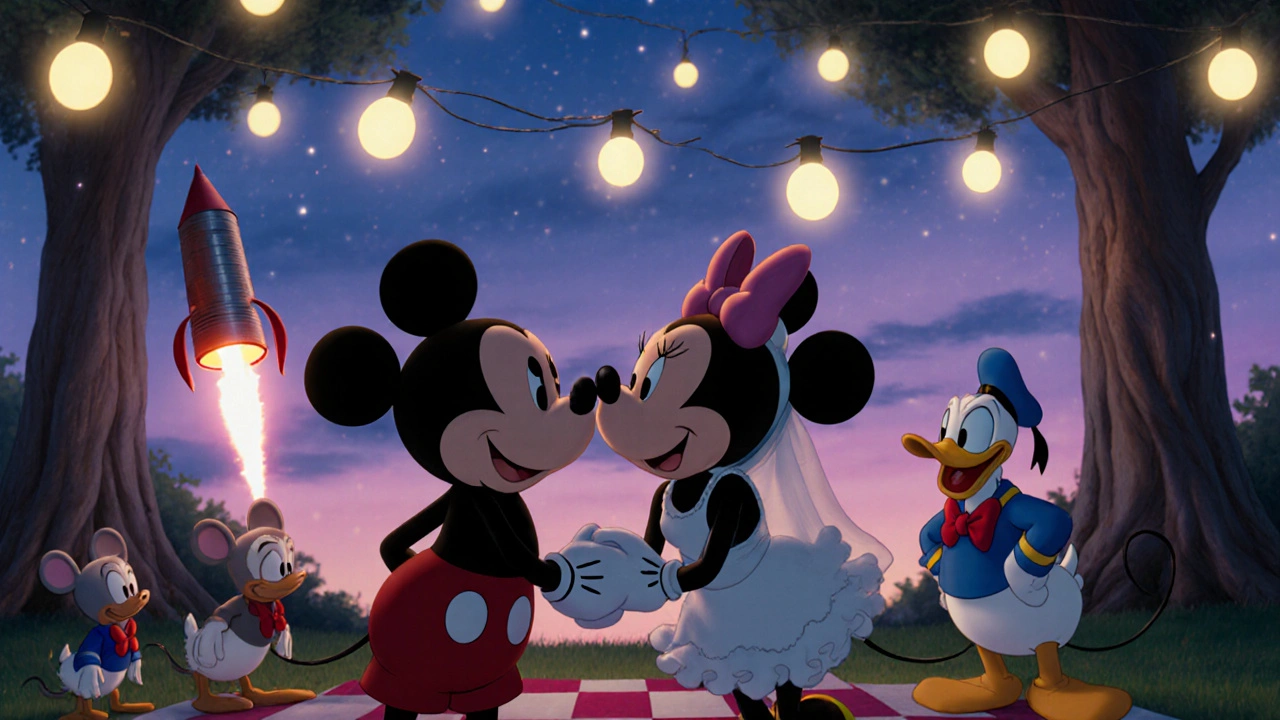 Mickey and Minnie sharing a quiet kiss under fairy lights as his nephews launch a homemade rocket.