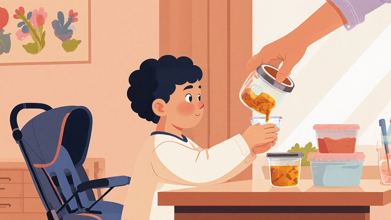 Parent transferring baby food from glass jar to plastic container before park visit.