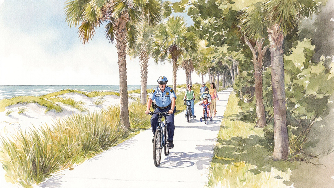 Police officer on a bicycle patrolling a tree-lined bike path with a family nearby.
