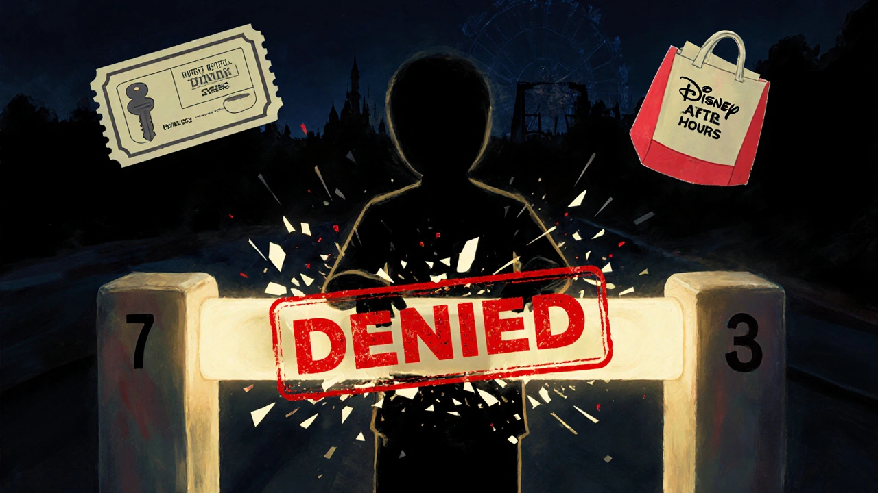 Shadowy figure blocked by a glowing 'REQUIRED' ticket stamp, with hotel key and event ticket icons shattered around them.