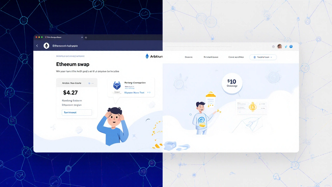 Side-by-side comparison of high-cost Ethereum transaction vs. ultra-low-cost Arbitrum swap.