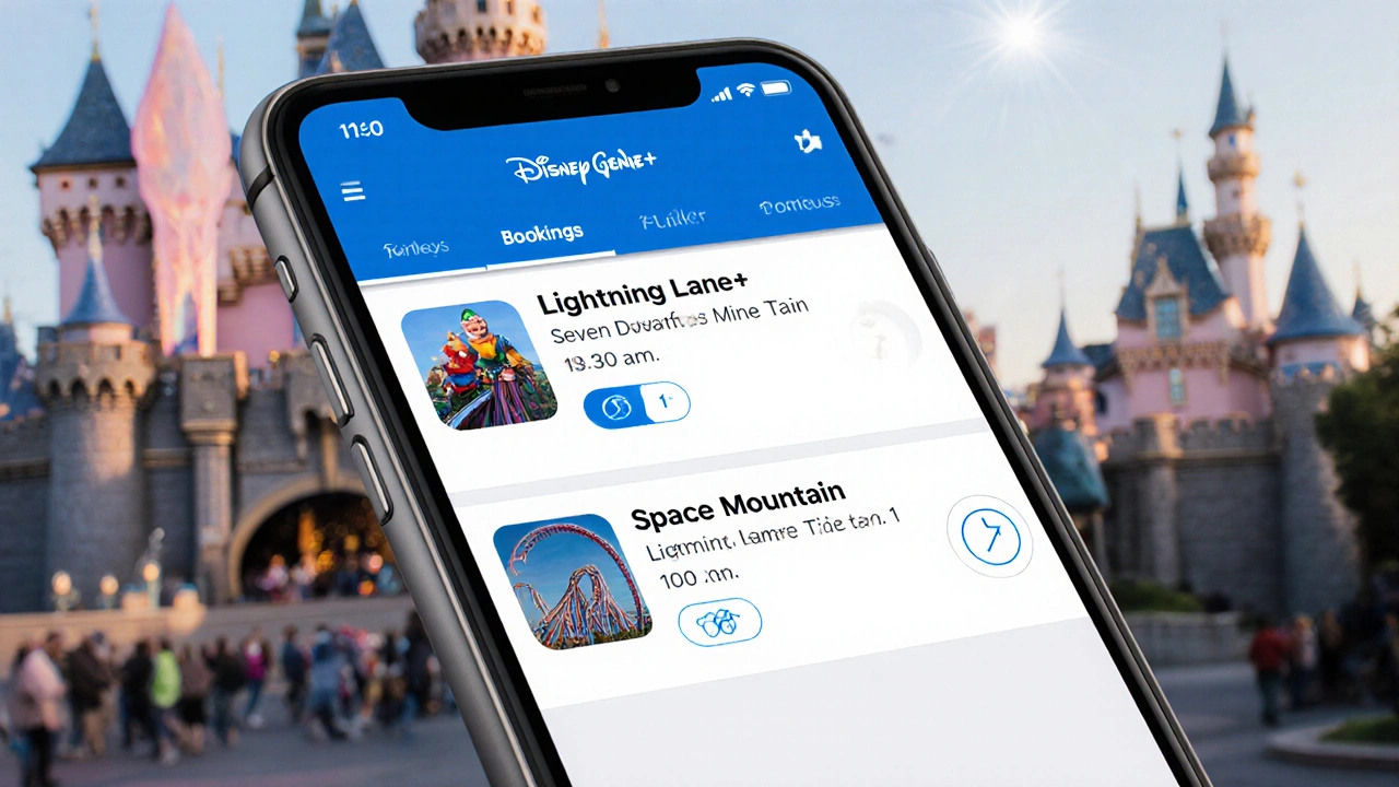 Smartphone screen showing Disney Genie+ app with two Lightning Lane bookings spaced more than two hours apart.