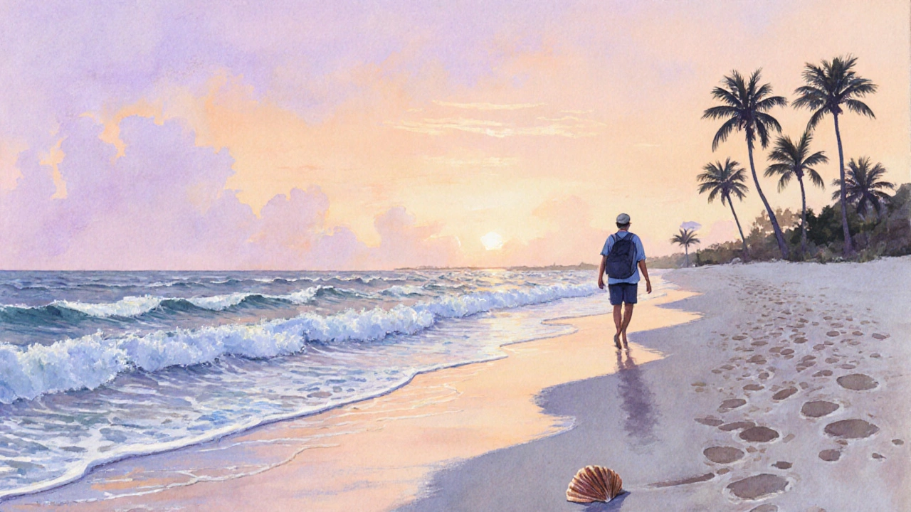 Solo traveler walking an empty Key West beach at sunset with gentle waves and no crowds.