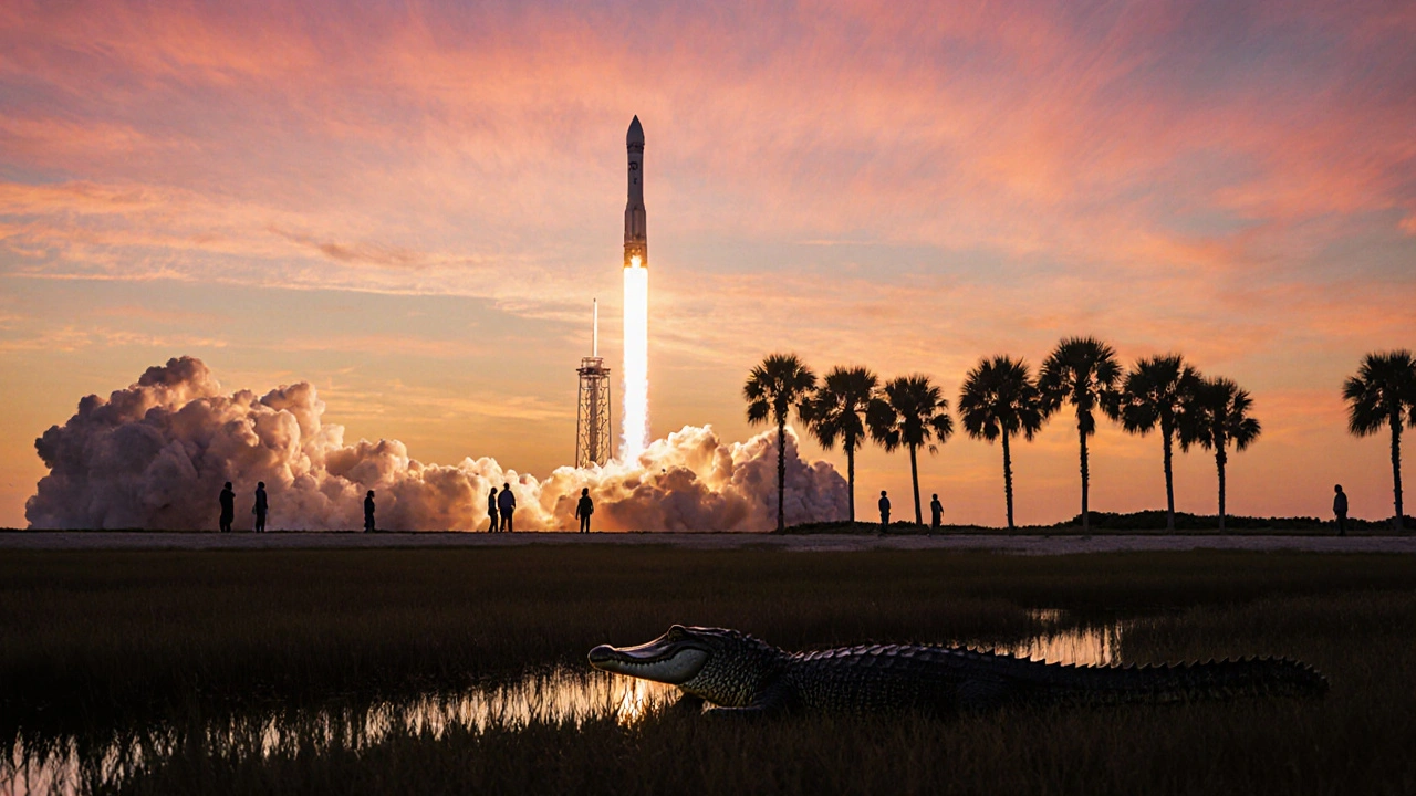 SpaceX rocket launching at sunrise over Cape Canaveral with an alligator on shore.