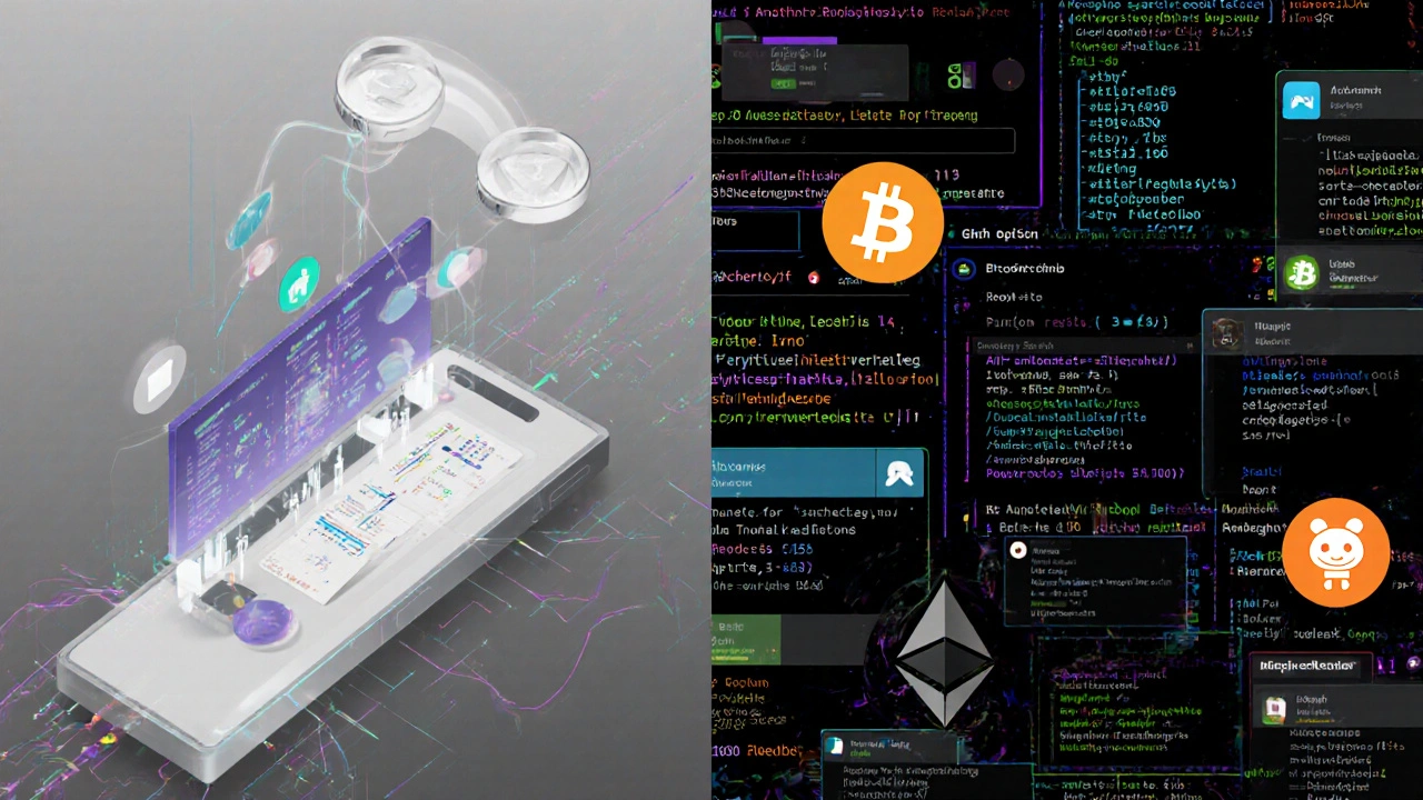 Split-screen showing on-chain voting on one side and off-chain forum chaos on the other.