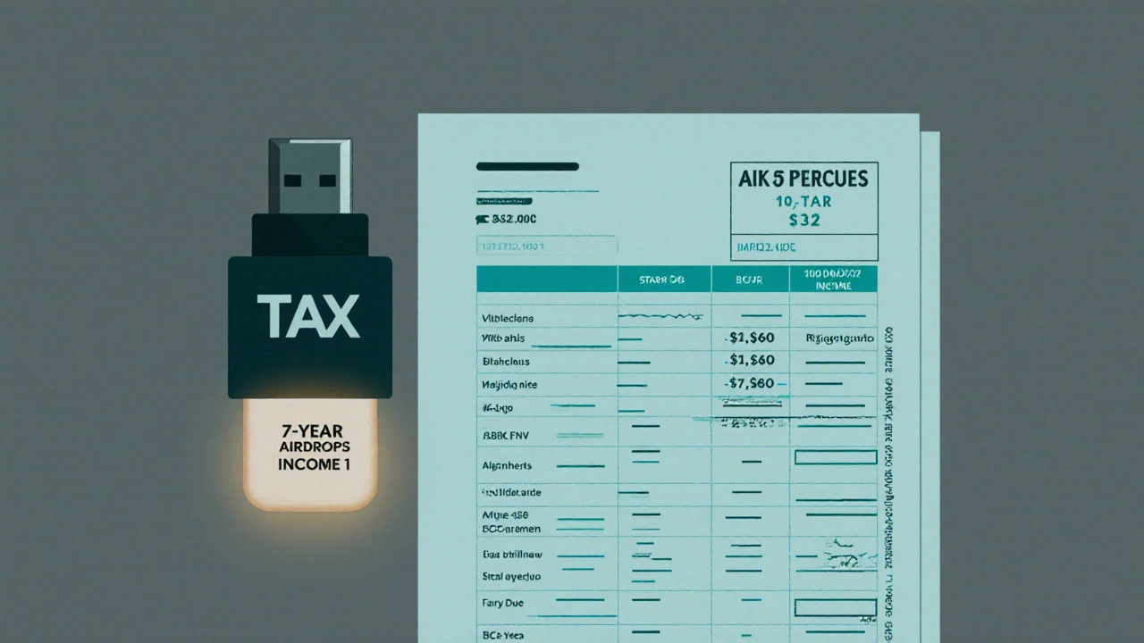 Spreadsheet tracking airdrop tokens and tax values next to a labeled records drive and tax form.