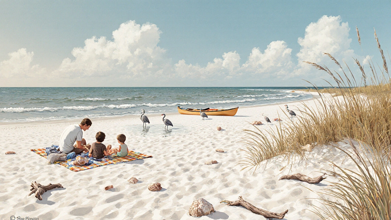 Sunlit beach at Fort De Soto with children watching herons in shallow water, no vendors or crowds, natural sand and sea.