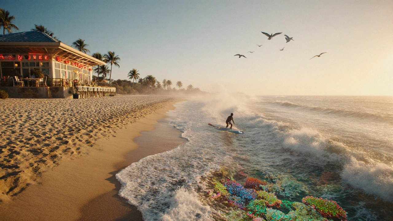 Surfers riding Atlantic waves at sunrise with coral reefs visible beneath clear blue water.