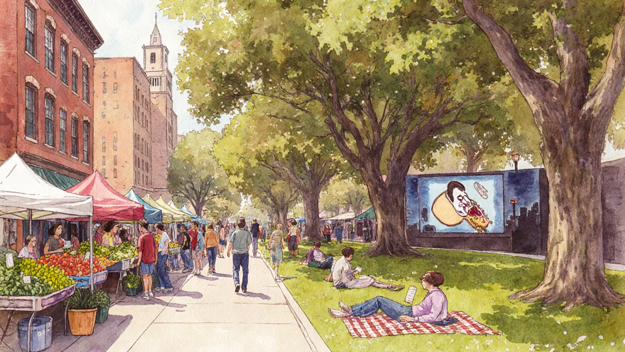 Tallahassee farmers market under oak trees with students relaxing and outdoor movie night setup.
