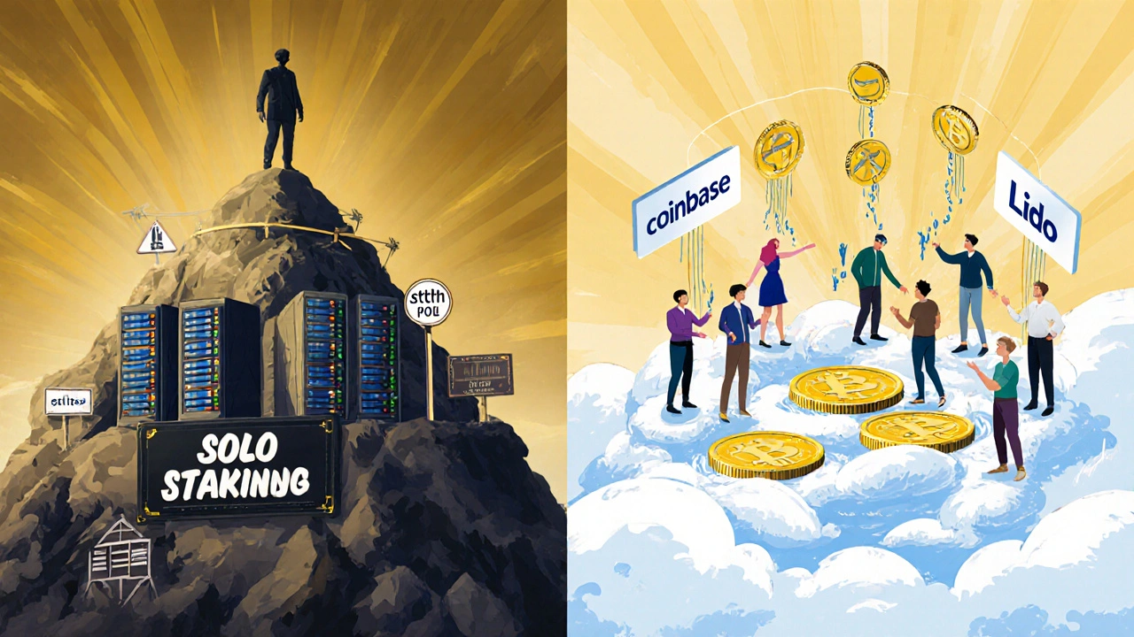 Two contrasting paths to Ethereum staking: one isolated and technical, the other communal and liquid.