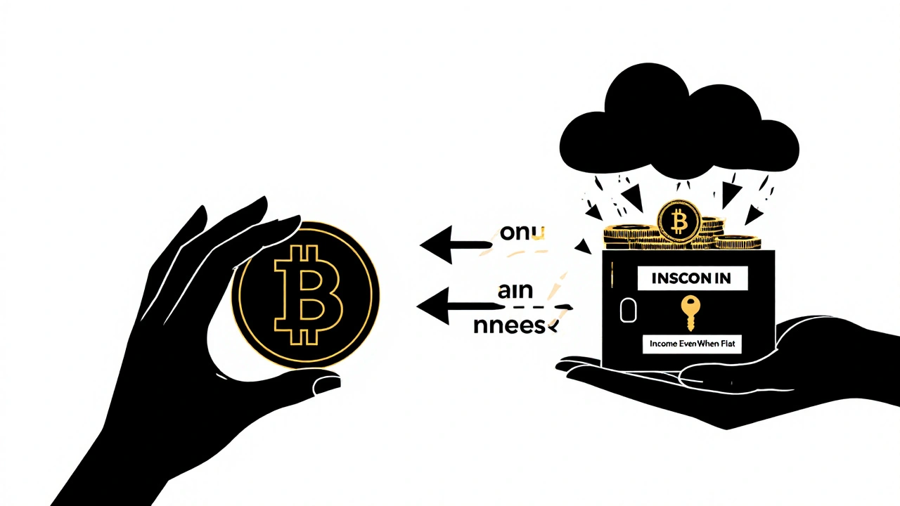 Two hands exchanging a key that unlocks income from crypto holdings, even when prices don&#039;t move.