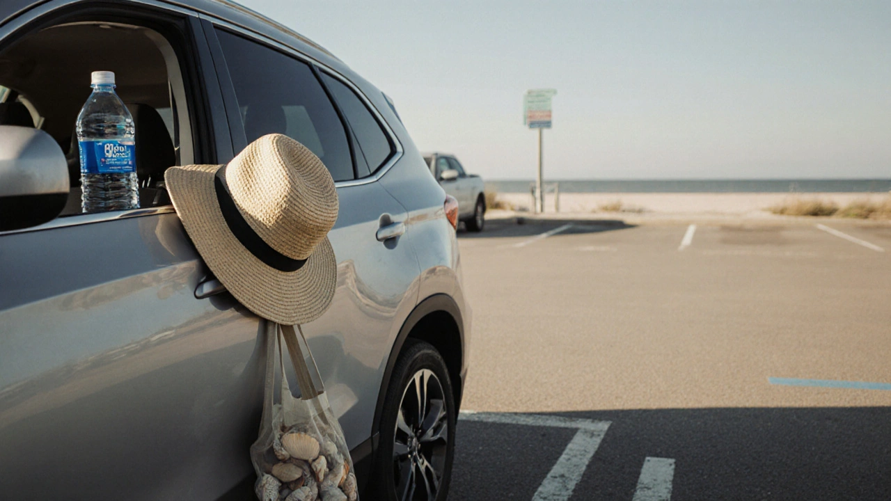 Unlocked rental car with beach items left openly on the seat near an empty parking lot.