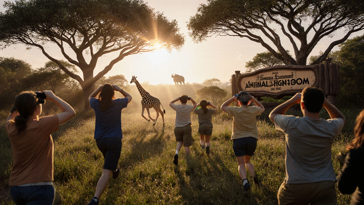Visitors heading toward Kilimanjaro Safaris at Animal Kingdom as animals appear in the savanna at dawn.