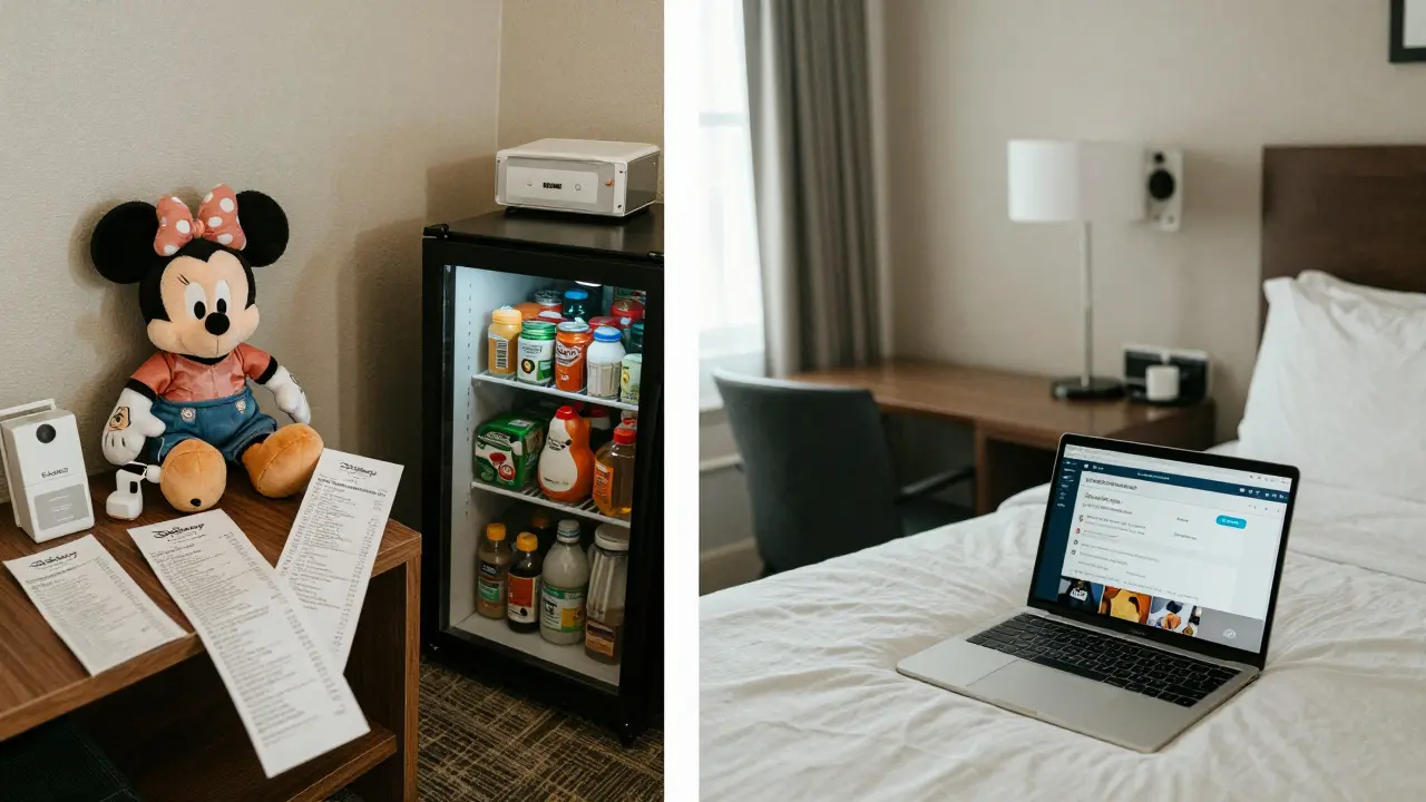 A clean off-site hotel room with groceries and a phone showing low ride wait times, contrasting with expensive resort expenses.