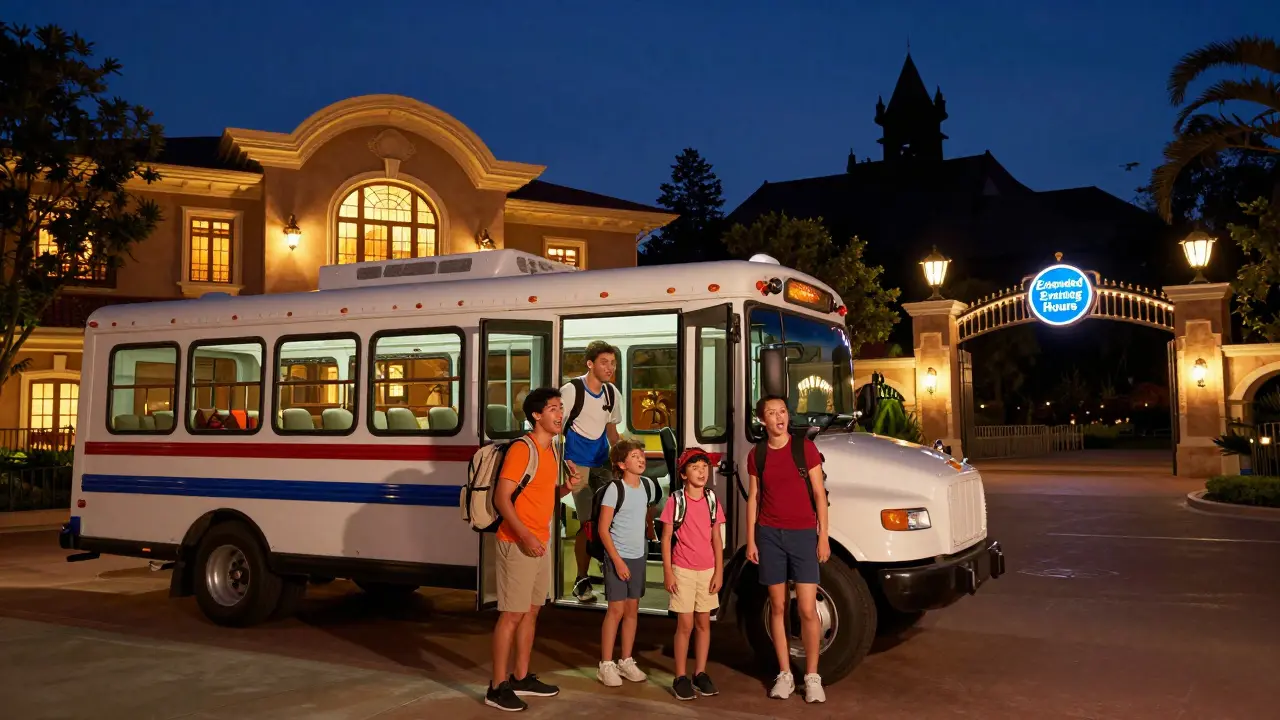 A family arrives at Disney World late at night, excited to enter the park during exclusive extended hours.